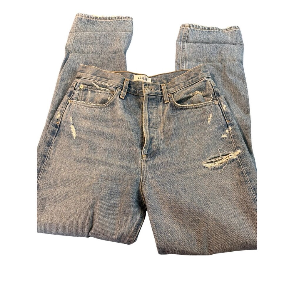 Agolde 90s Jeans Distressed Destroyed Holes Blue Denim Button Fly USA Size 24 - Picture 2 of 8